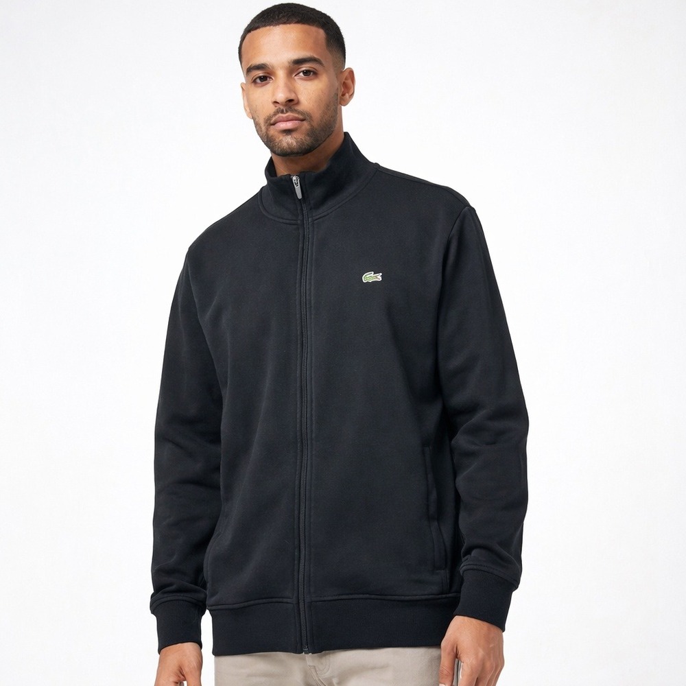 Lacoste Sport Track Jacket Mens 1XLT Black Full Zip Fleece Mock Neck Logo‎